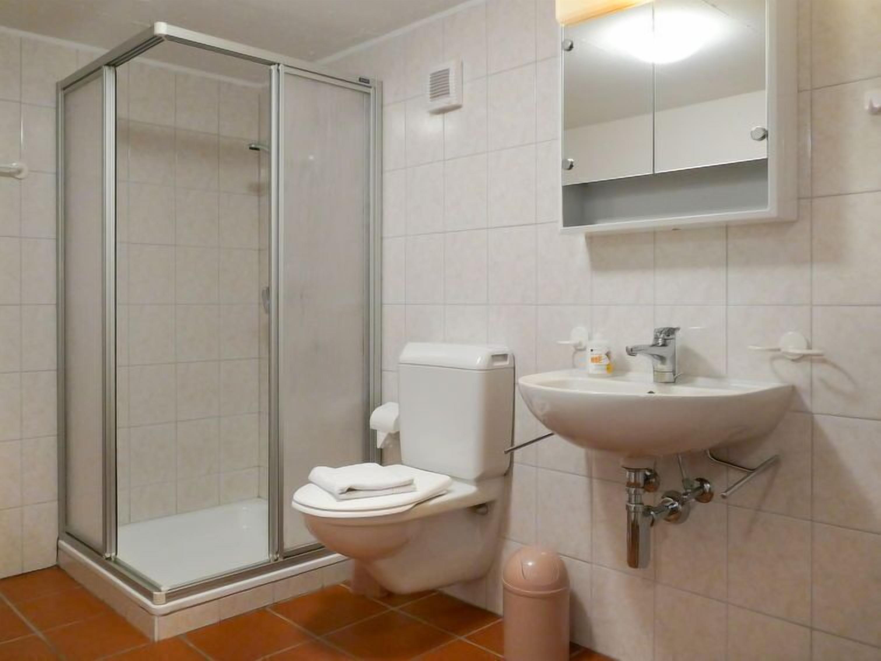 A bathroom with a glass shower enclosure, a toilet, a sink, and a mirror.
