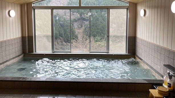 Une salle de spa dotée d’une grande fenêtre, d’un bain à remous et offrant une vue sur une zone boisée.
