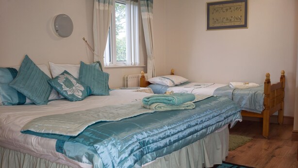A bedroom with two beds, each with a blue and white duvet, and a wooden headboard. - The homely Mourne lodge (kilkeel)