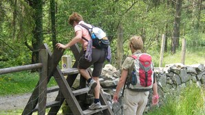 Two hikers on a wooden ladder in a wooded area with a stone wall and a wooden fence. - The homely Mourne lodge (kilkeel)