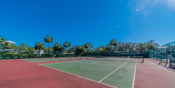 Un court de tennis avec un filet, entouré d’une clôture et de palmiers.