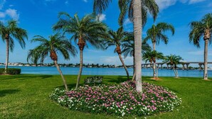 A park with palm trees, a flower bed, and a bench. - Waterfront 2BR condo in St. Petersburg with balcony, pool, and water views. (St Petersburg)