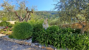 Un giardino con una statua, un muro in pietra e diverse piante.