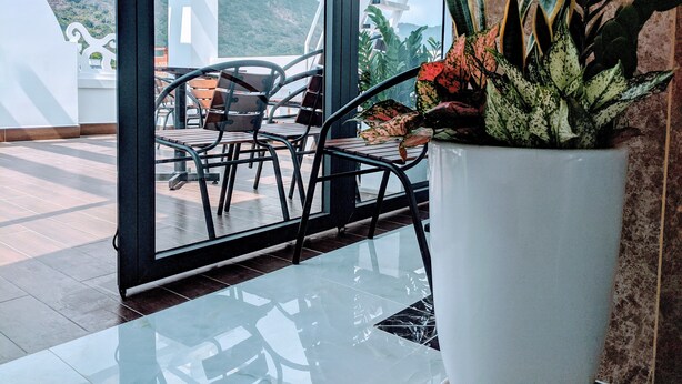 Un balcón con puerta de vidrio, una planta en maceta y vista de un paisaje montañoso.