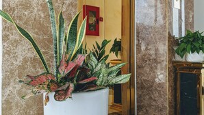 Un vestíbulo con una planta grande en maceta, paredes de mármol, una puerta dorada y un mostrador de recepción.