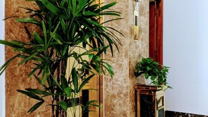 Un pasillo con paredes de mármol, una planta en maceta, una puerta y una pequeña mesa con otra planta.