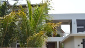 Uma casa moderna de dois andares com uma parede de pedra e um caminho pavimentado que leva à entrada.