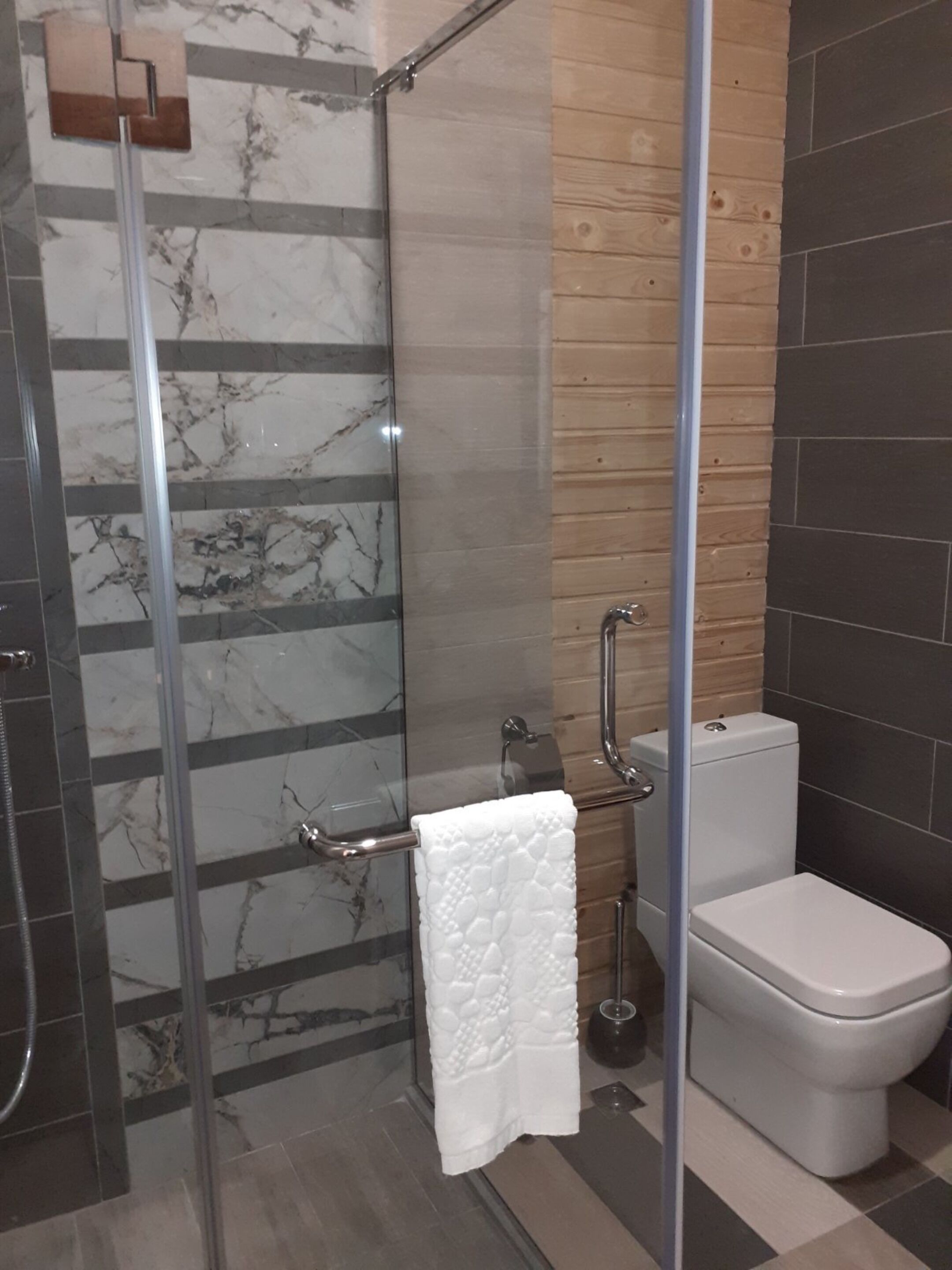 Ein modernes Badezimmer mit Duschkabine aus Glas, Toilette und Handtuchhalter.