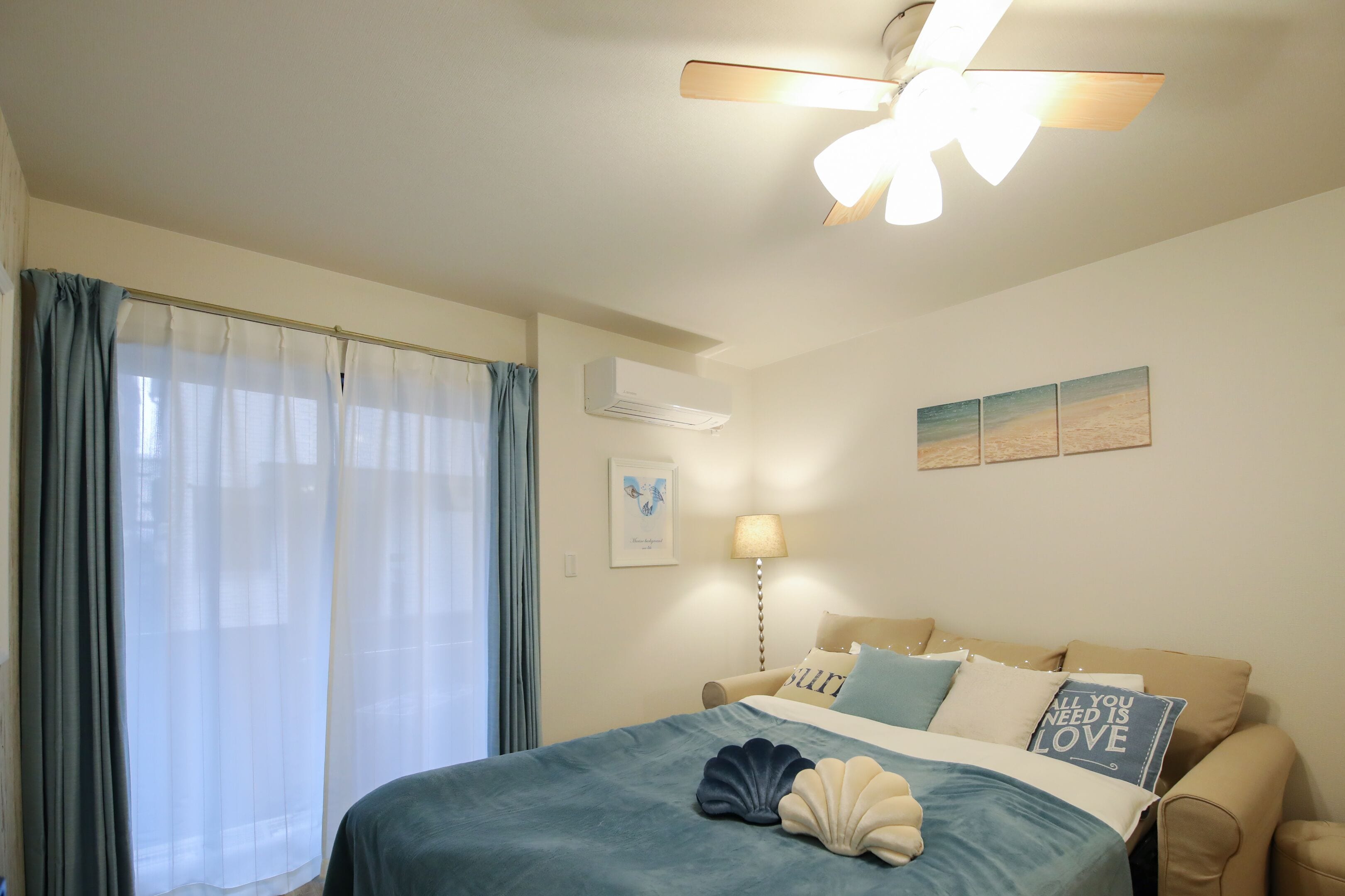 Desk, laptop workspace, blackout drapes, iron/ironing board