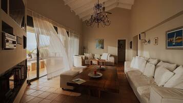 Televisie, een open haard, een stereo en een kantoor