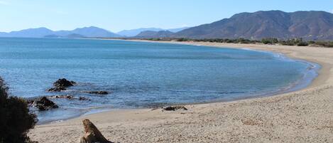 En la playa, camastros y toallas de playa 