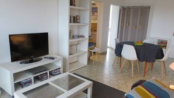 Smart TV, DVD player, books, video library