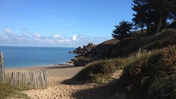 On the beach, sun loungers