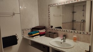 Ducha, secador de pelo, toallas y papel higiénico