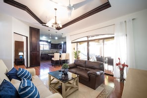 Living room with Queen sofa bed.