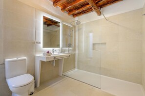 Douche, sèche-cheveux, serviettes fournies, savon