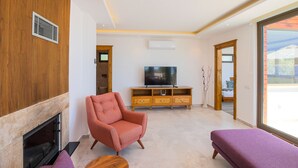 A modern living room with a fireplace, a sofa, a television, and a wooden cabinet.