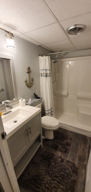 Een badkamer met een wastafel, toilet, douche en spiegel.