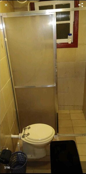 Bathroom features a shower stall, toilet, and window above the toilet.