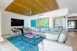 Een smart-tv, een open haard, een dvd-speler en een stereo