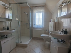 Hair dryer, towels, soap