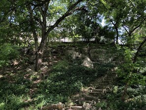 A stone staircase surrounded by dense greenery and trees. - Casa del Rio River House (Bandera)