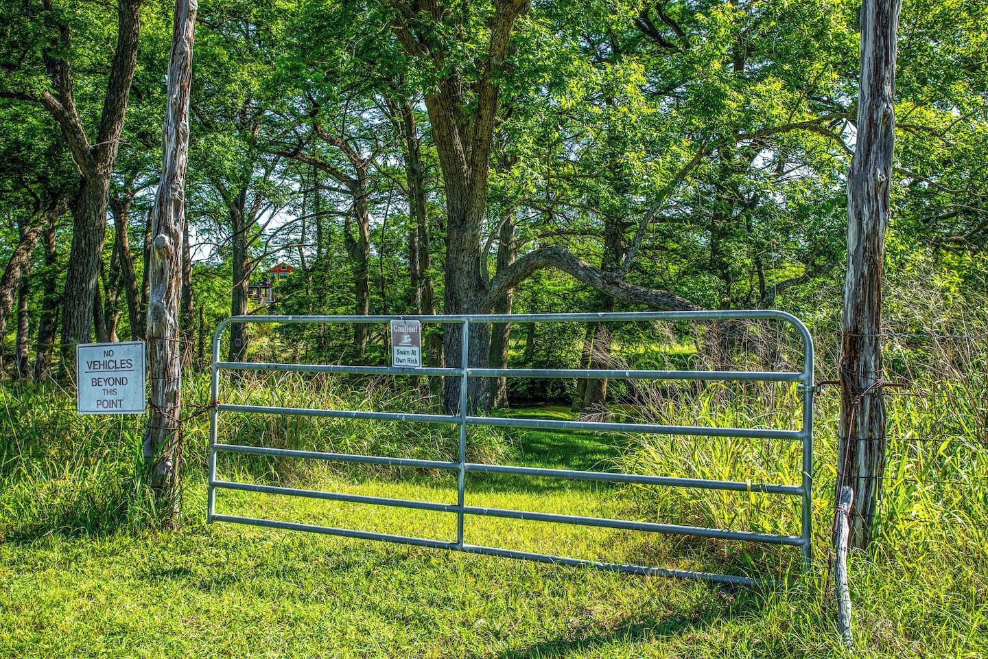 A metal gate with a warning sign indicating no vehicles beyond a certain point and a caution sign advising to swim at one's own risk.