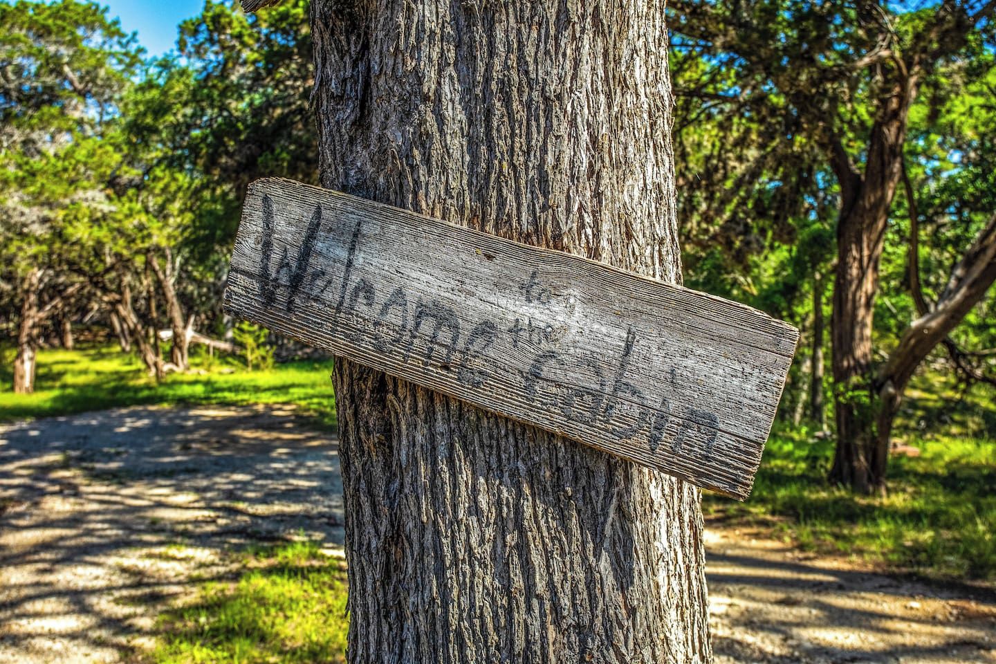 A wooden sign attached to a tree in a wooded area.