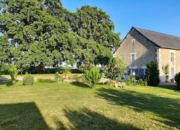 Una casa con un amplio jardín, un árbol y un edificio con tejado inclinado.