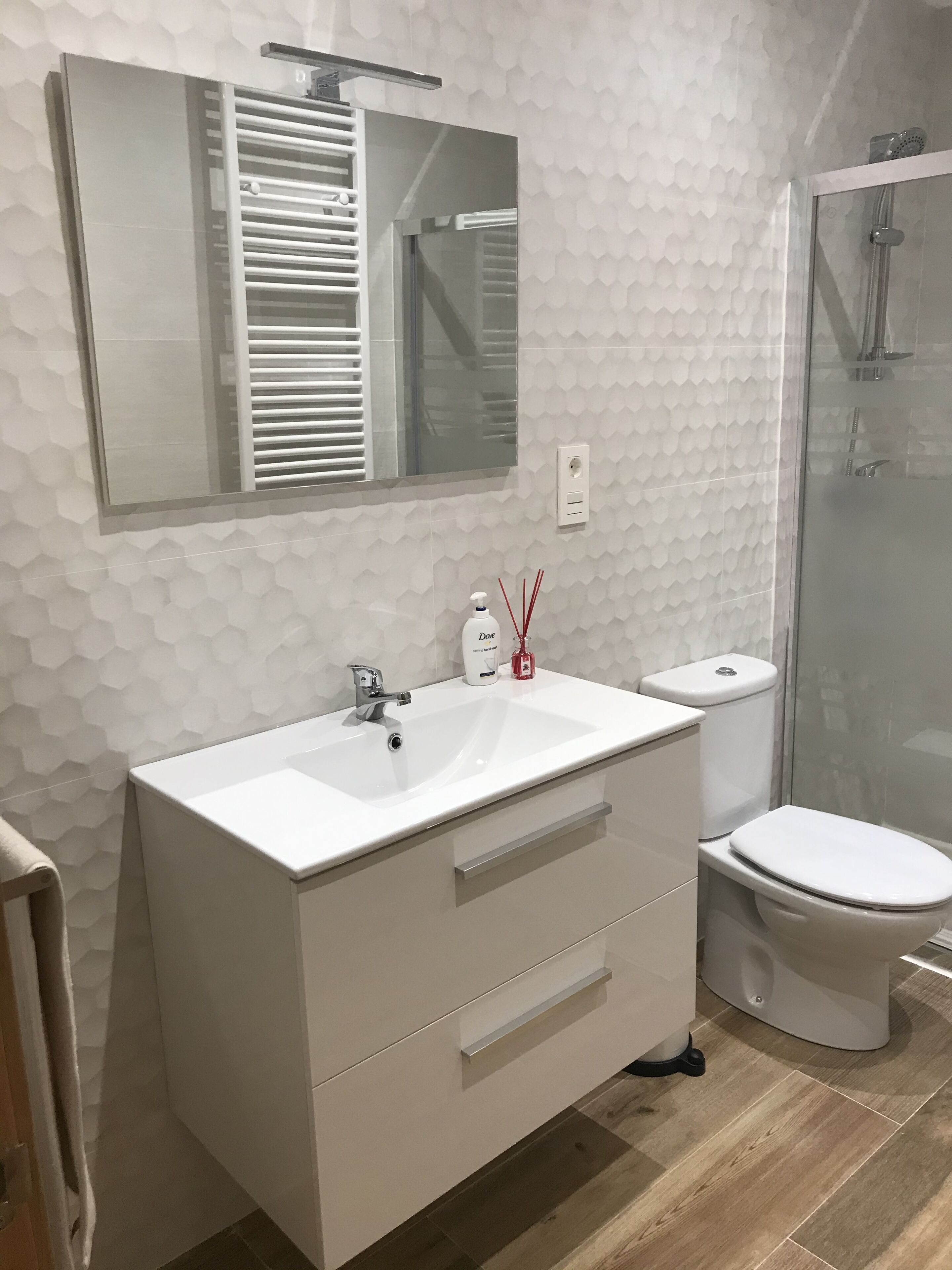 Ducha, secador de pelo, toallas, jabón