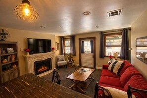 智能电视、壁炉、DVD 播放器、书