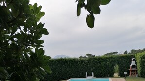 A rectangular swimming pool with a tiled deck, surrounded by well-maintained grass and a hedge. - Le Vecchie Scuderie (Fara in Sabina)