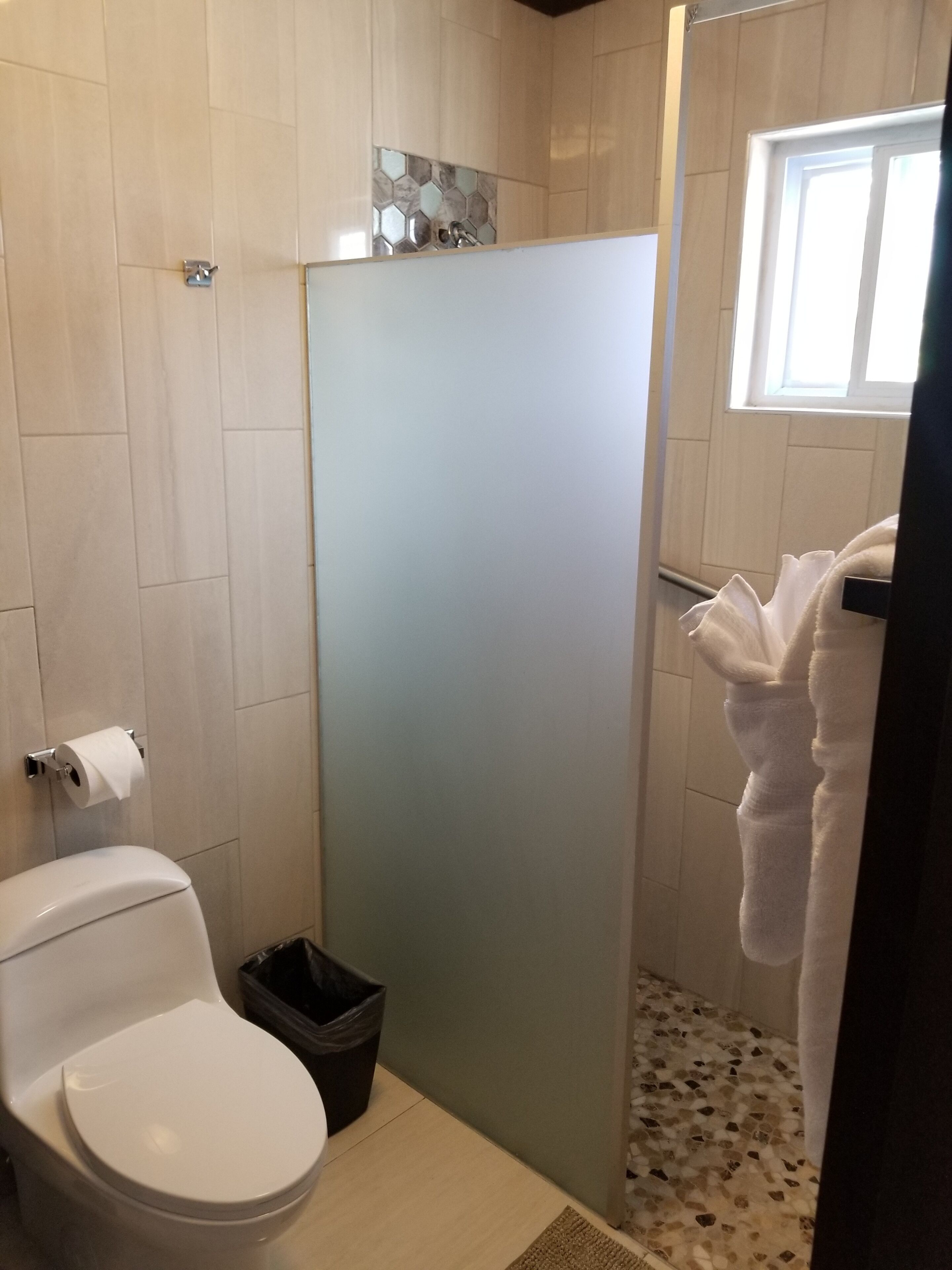 A bathroom with a toilet, a shower stall, and a towel rack.