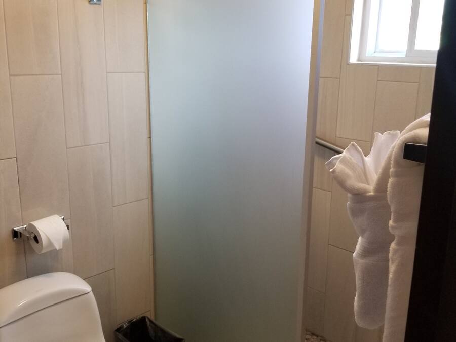 A bathroom with a toilet, a shower stall, and a towel rack.