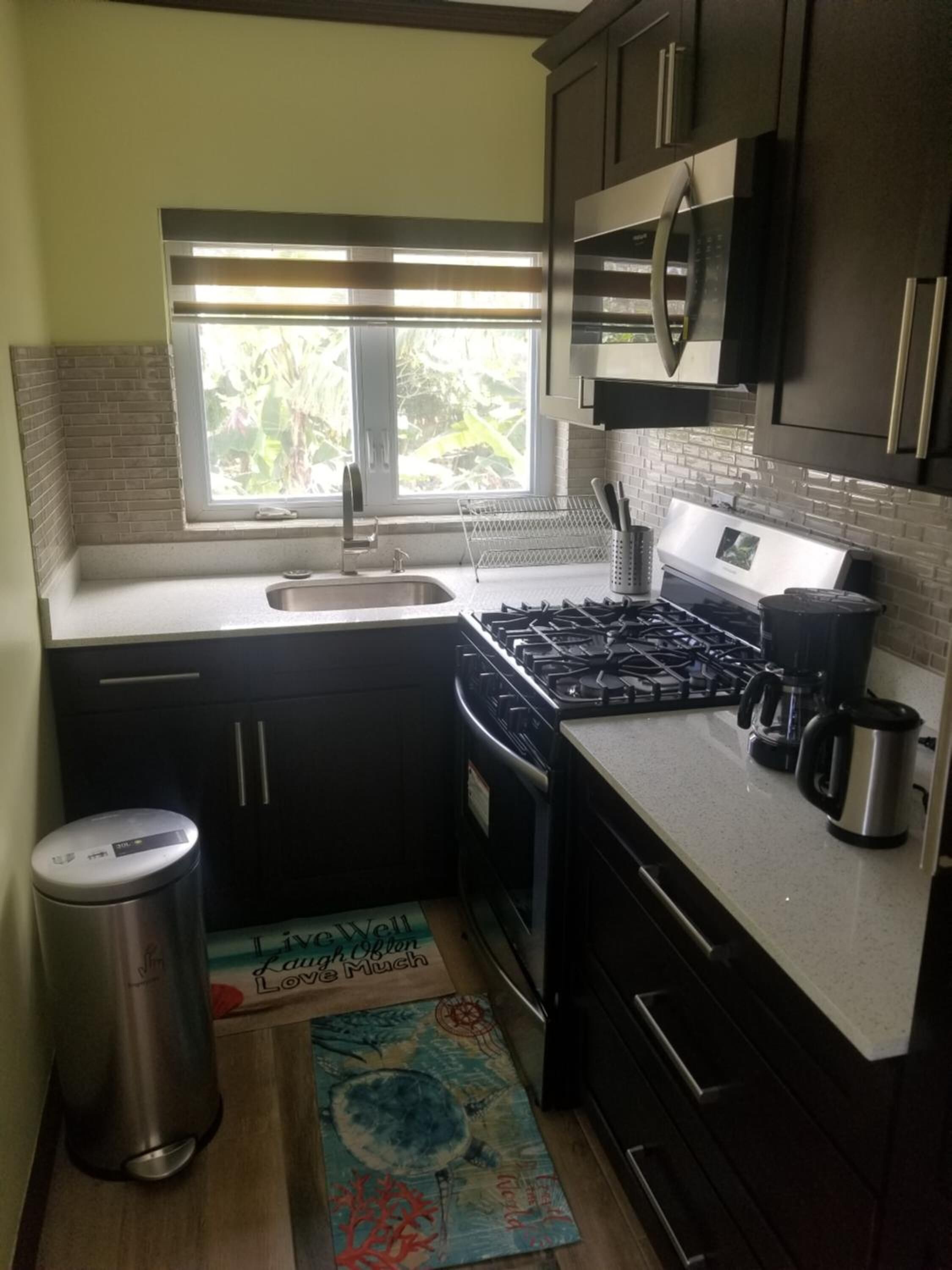A compact kitchen with dark cabinets, a stainless steel stove, a microwave, and a window with a view of greenery.