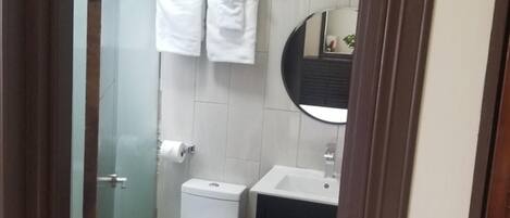 Un baño con inodoro, lavamanos y cabina de ducha de vidrio.