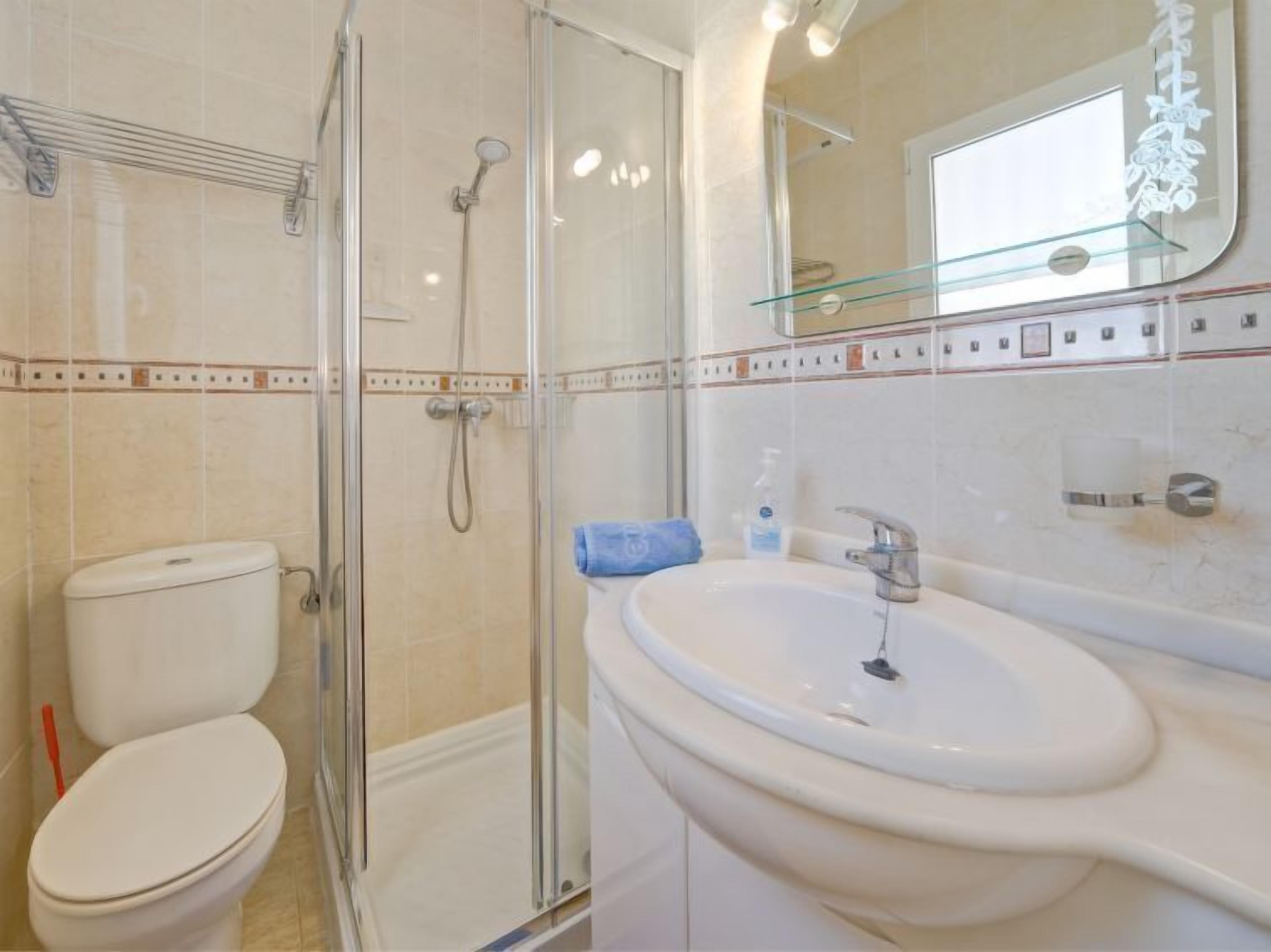 Ein Badezimmer mit einer Duschkabine, einer weißen Toilette und einem Waschbecken mit einem Glasregal darüber.