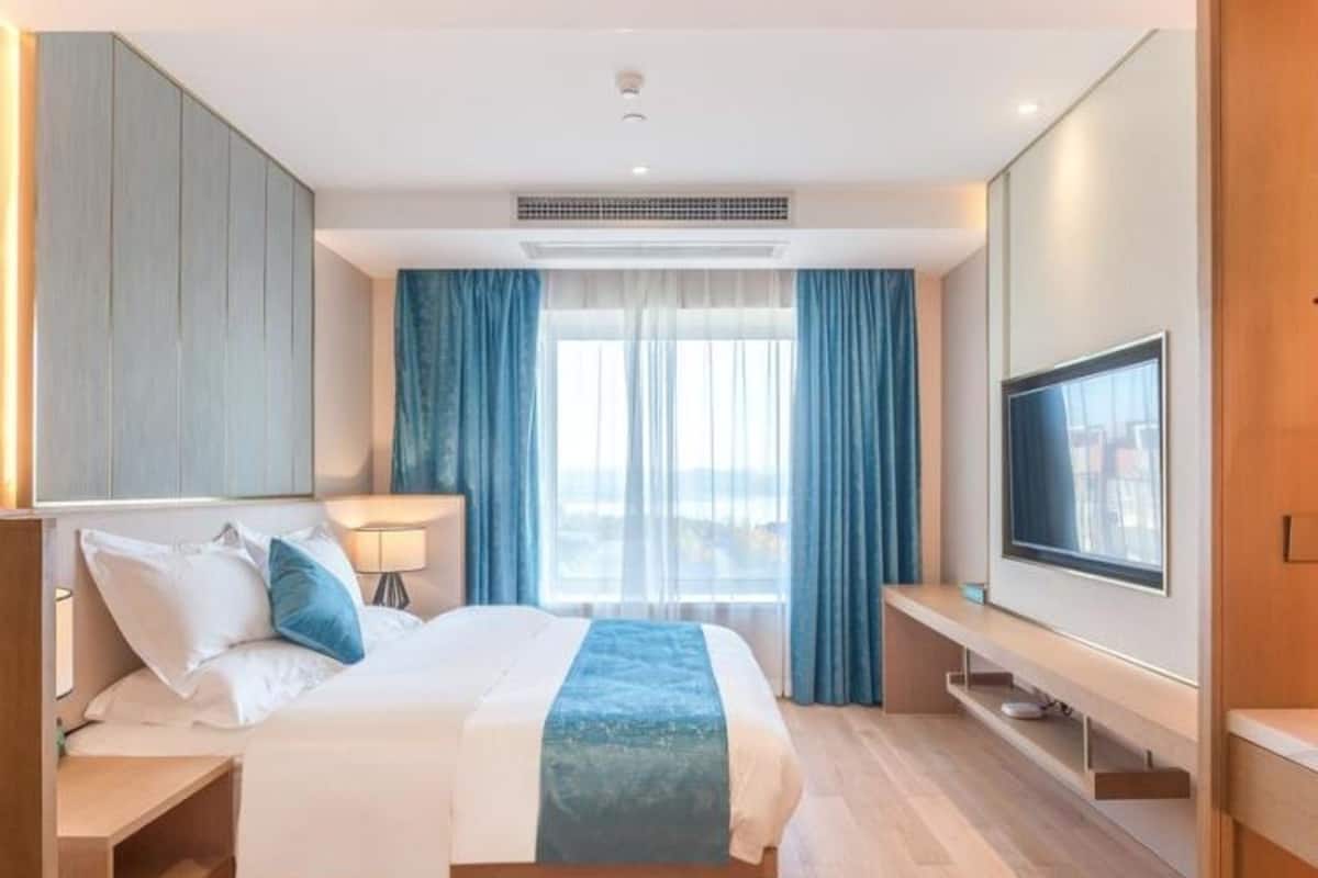 A modern hotel room with a large bed, bedside tables, a TV, and a view of the outdoors.