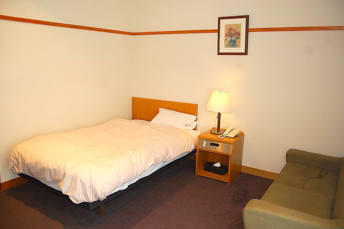A hotel room with a single bed, a bedside table with a lamp, a chair, and a framed picture on the wall.