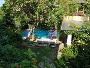 Una piscina rodeada de exuberante vegetación, con dos sillas de descanso blancas y un paño rosa cubriendo un árbol.
