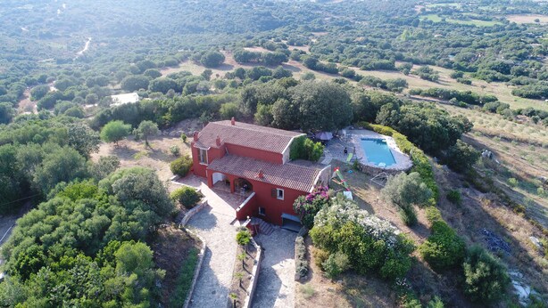 A red villa with a swimming pool, surrounded by dense greenery and a stone pathway leading to the entrance. - 3 bedroom villa with swimming pool in a natural setting  (Arzachena SARDAIGNE)