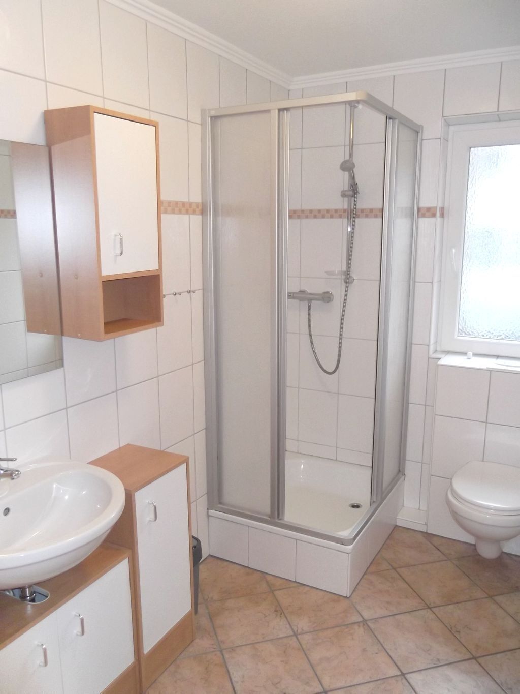 Een badkamer met douche, wastafel, toilet en kast.
