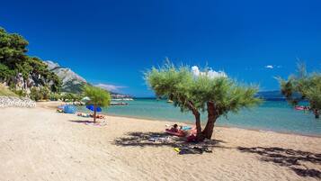 Plage à proximité, chaises longues, serviettes de plage