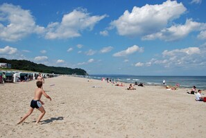 A beach with people sunbathing and playing.