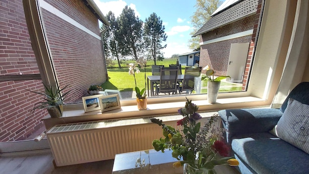 Une pièce avec une grande fenêtre, un canapé, une table basse et une plante en pot.