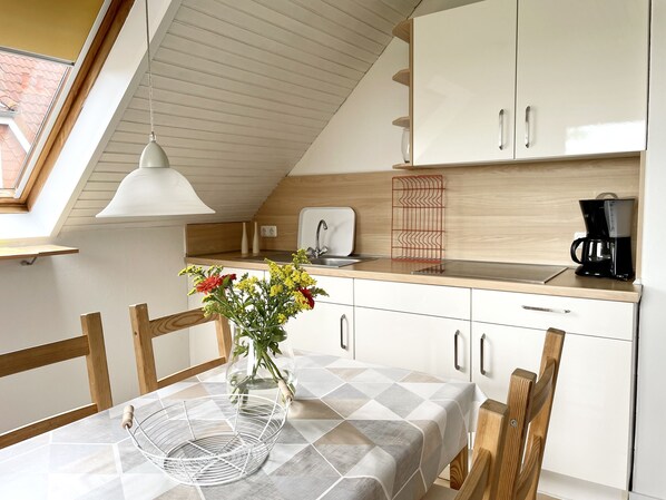 Fridge, microwave, highchair