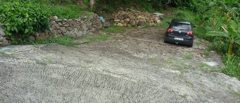 En bil parkerad på en stenig stig, omgiven av tät vegetation.