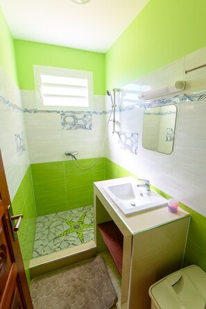 Ducha, secador de pelo, toallas y jabón