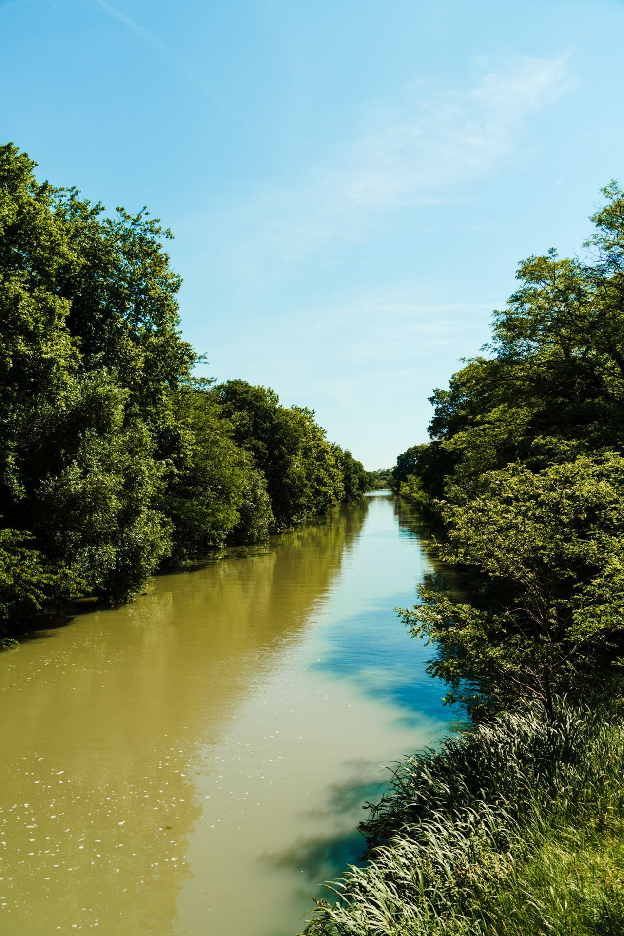Ein schmaler Wasserweg, gesäumt von üppiger Vegetation, vermutlich in einer natürlichen oder Parklandschaft.