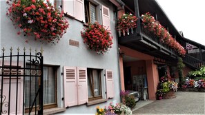 Een gebouw met roze luiken, bloembakken en een balkon met hangmanden.